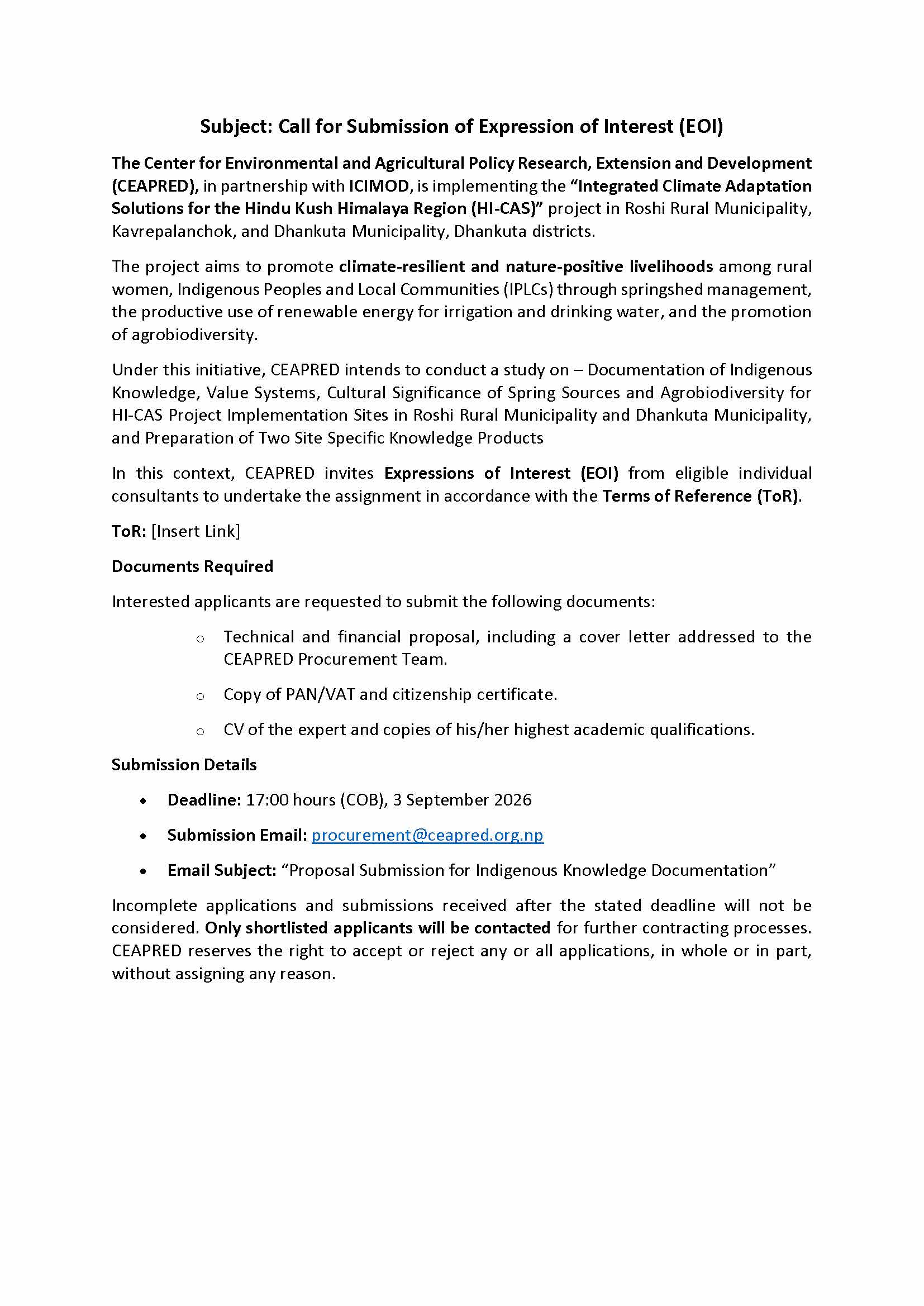 Call for Submission of Expression of Interest